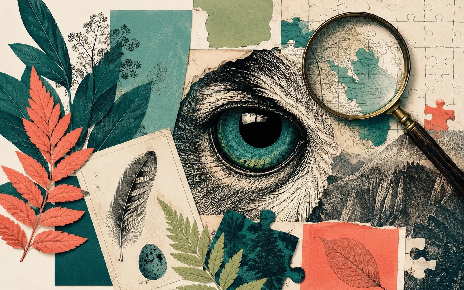 Nature mystery collage with an animal eye, map and magnifying glass