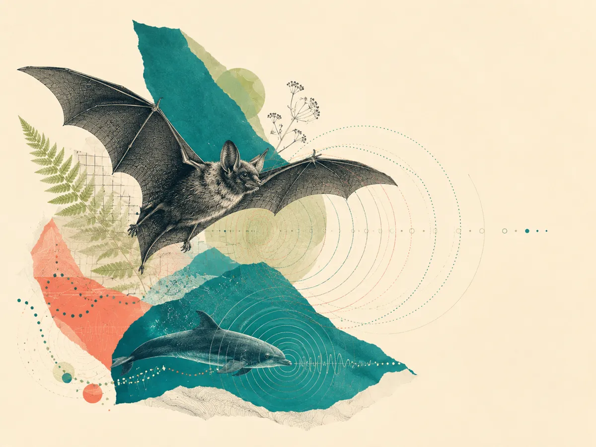 Echolocation collage with a bat, dolphin and echo-wave patterns