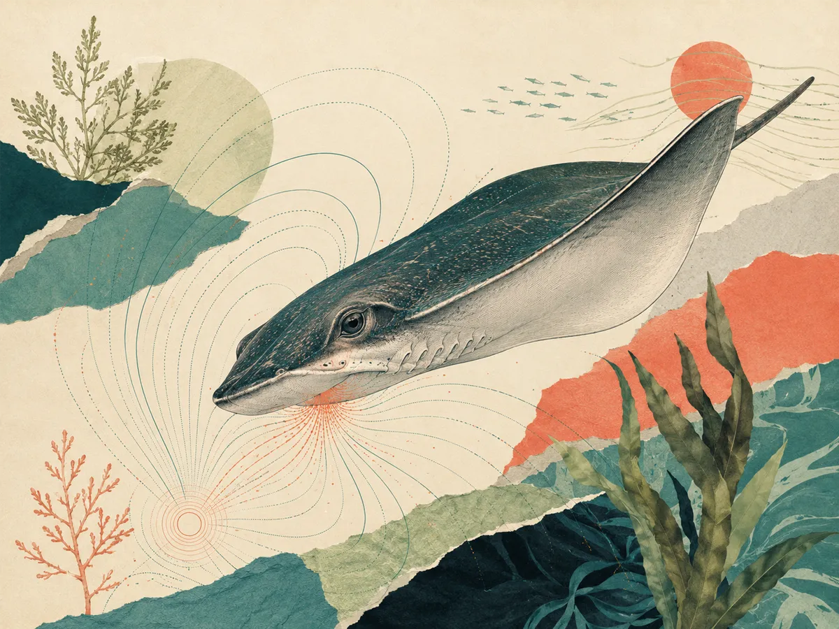 Electroreception collage with a shark or ray and subtle electric signal patterns