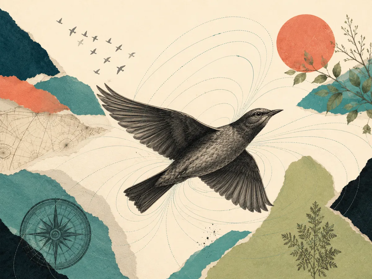 Magnetoreception collage with a bird or turtle, compass details and magnetic field patterns