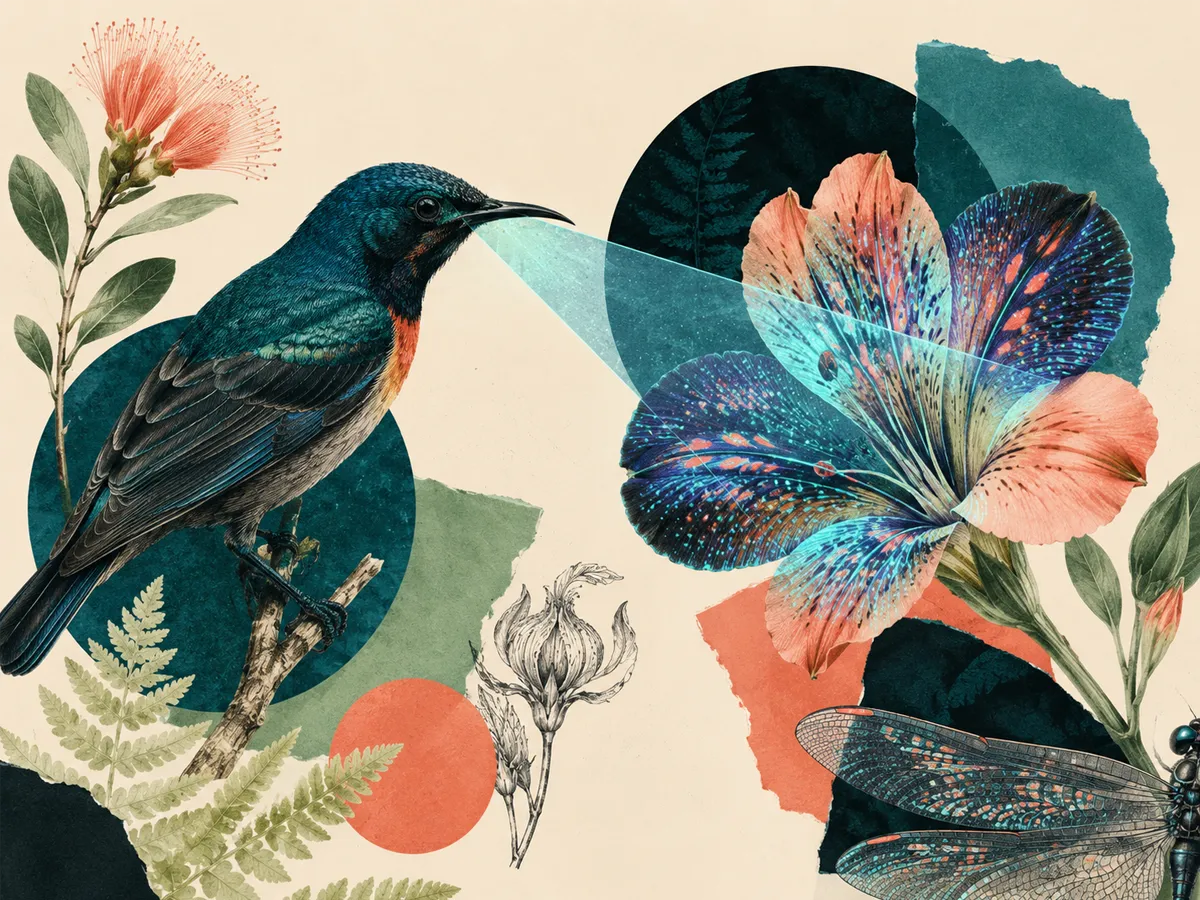 Ultraviolet vision collage with a bird or insect and hidden floral or feather patterns